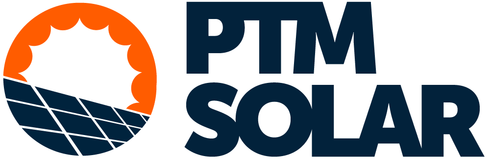 Logo for PTM Solar. The design features a stylized orange sun partially obscured by blue solar panels on the left. The text "PTM SOLAR" is in bold, dark blue, capital letters to the right of the sun and panel image.