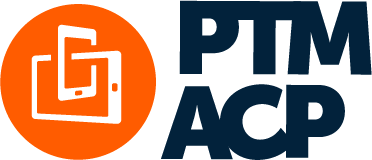 Logo with abstract wallet-like icon in orange circle and the initials 'ptm' and 'acp' in bold blue letters.