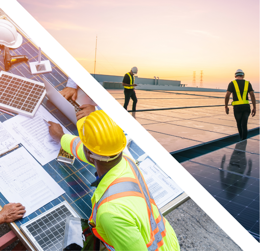 This image is a split view collage that juxtaposes two aspects of solar energy solutions implementation. On the top half, we see workers on a rooftop during sunset, involved in the installation or maintenance of solar